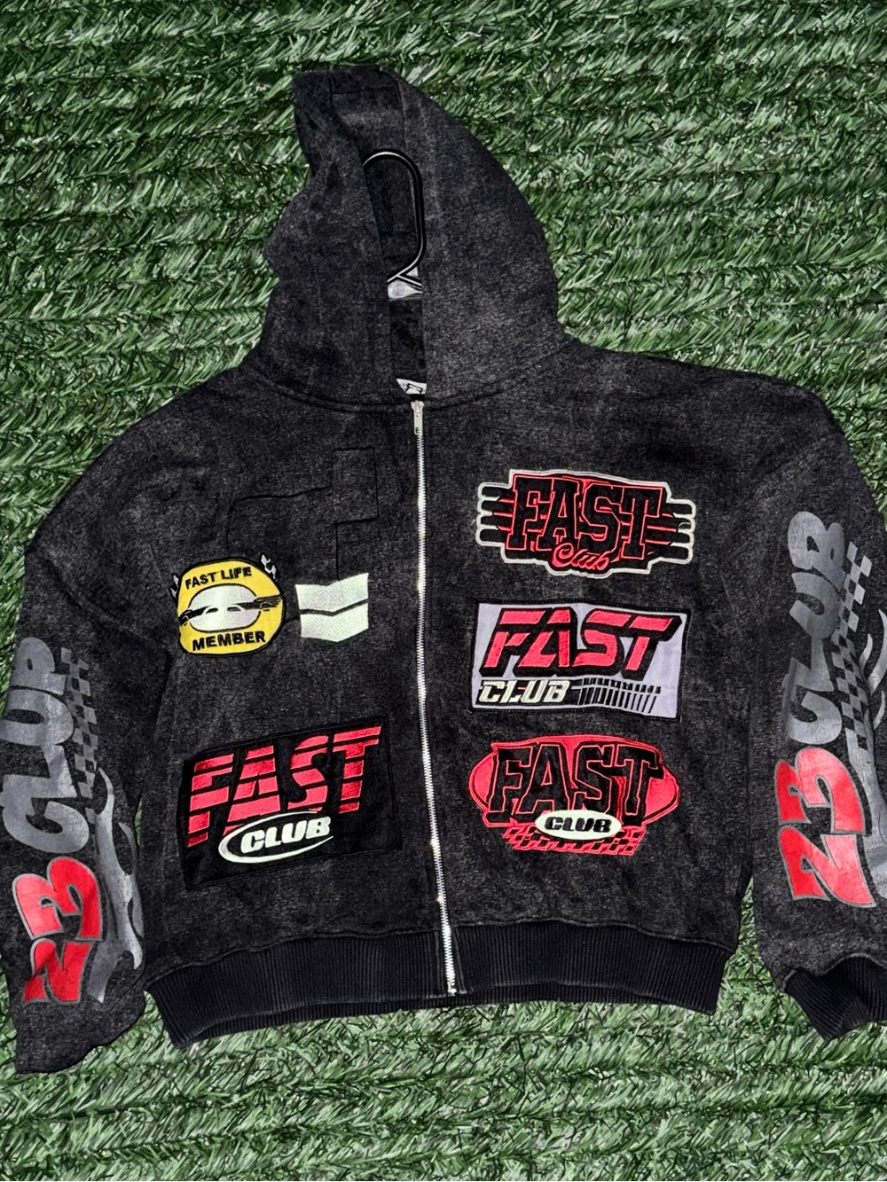 Black 'Fast Club' Graphic Hooded Zip Jacket